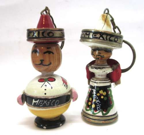 SALE R25 -Two Vintage Mexican Handpainted Wooden Doll Key Holders. 80mm high.
