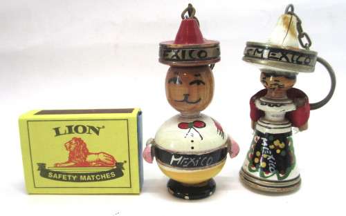 SALE R25 -Two Vintage Mexican Handpainted Wooden Doll Key Holders. 80mm high.
