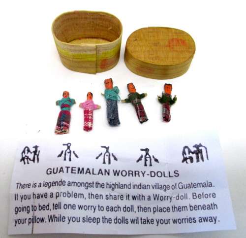 Lot of 5 Vintage Guatemalan WorryDiolls in Original woodholder