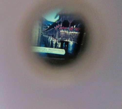 Two Vintage Miniature Swiss House Alpine Cottage Click Picture Viewer. Germany. One clicker broken.