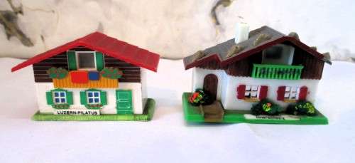 Two Vintage Miniature Swiss House Alpine Cottage Click Picture Viewer. Germany. One clicker broken.