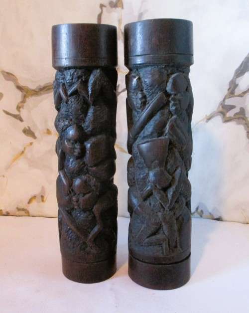 Pair of Stunning Dark Wood Handcarved Africa themed Salt and Pepper Holders. 200mm high.