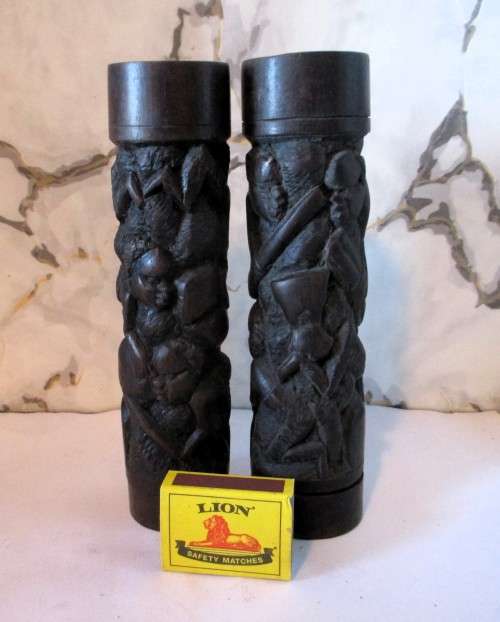Pair of Stunning Dark Wood Handcarved Africa themed Salt and Pepper Holders. 200mm high.