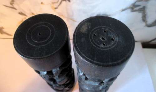 Pair of Stunning Dark Wood Handcarved Africa themed Salt and Pepper Holders. 200mm high.
