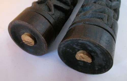 Pair of Stunning Dark Wood Handcarved Africa themed Salt and Pepper Holders. 200mm high.