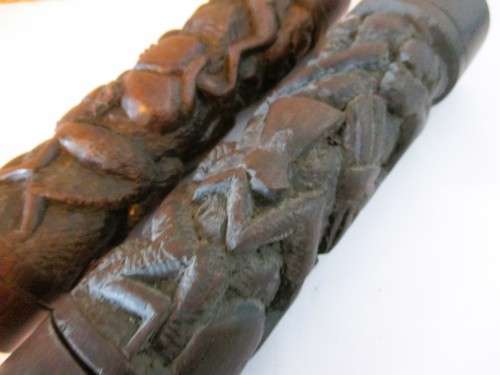 Pair of Stunning Dark Wood Handcarved Africa themed Salt and Pepper Holders. 200mm high.