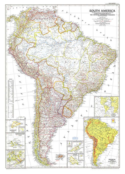 Vintage National Geographic 1950 South America Map. Size: 740mm x 1020mm