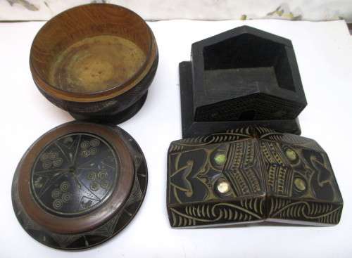 Vintage Maori Tiki Tribal Carved Kia Ora Wooden House Paua Shell eyes, round carved holder with lid.
