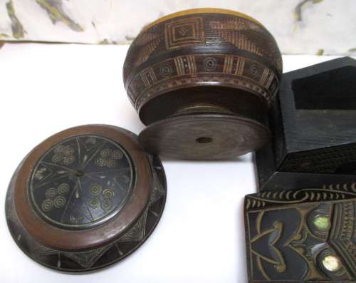Vintage Maori Tiki Tribal Carved Kia Ora Wooden House Paua Shell eyes, round carved holder with lid.