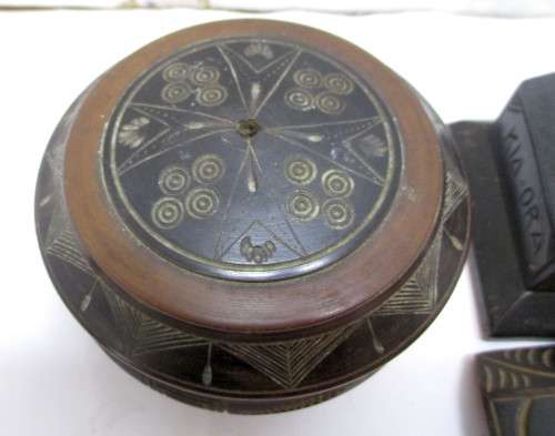 Vintage Maori Tiki Tribal Carved Kia Ora Wooden House Paua Shell eyes, round carved holder with lid.