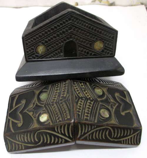 Vintage Maori Tiki Tribal Carved Kia Ora Wooden House Paua Shell eyes, round carved holder with lid.