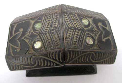 Vintage Maori Tiki Tribal Carved Kia Ora Wooden House Paua Shell eyes, round carved holder with lid.