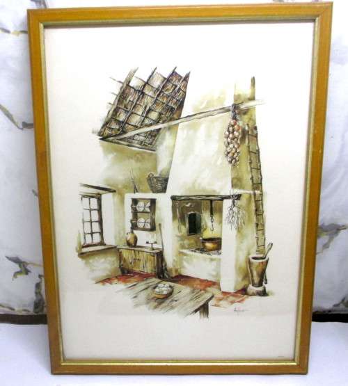 Vintage Watercolor Hoefsloot Farm Kitchen painting. 310mmx225mm framed.