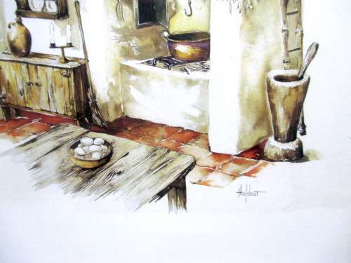Vintage Watercolor Hoefsloot Farm Kitchen painting. 310mmx225mm framed.