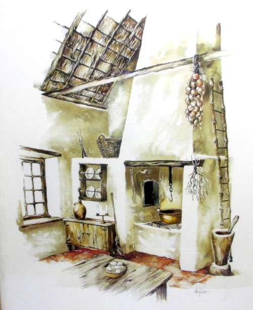 Vintage Watercolor Hoefsloot Farm Kitchen painting. 310mmx225mm framed.