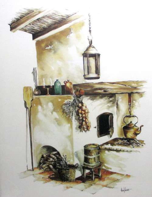 Vintage Watercolor Hoefsloot Farm Kitchen painting. 310mmx225mm framed.