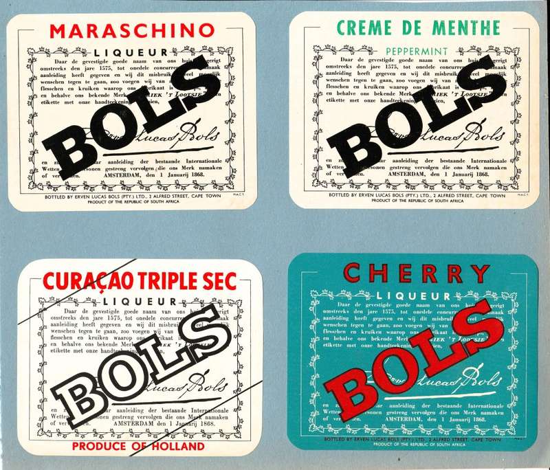 Vintage Lot of 4 different BOLS Liqueur Labels. Three from RSA one from Holland.