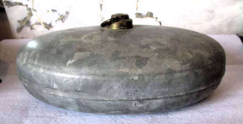 1891 Antique Foot/Bed Warmer Oval Galvanized Metal Hot Water Bottle Brass Top. 30x20x8cm