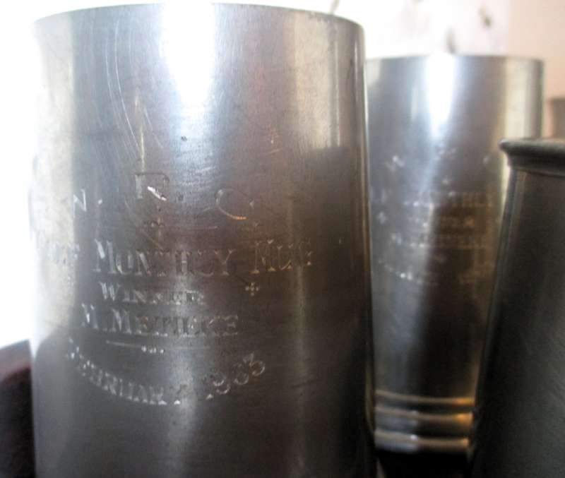 Lot of four Vintage Pewter `Glass Bottom` Tankards. All Engraved, as per photo. 2 Large, 2 smaller.