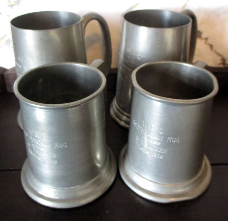 Lot of four Vintage Pewter `Glass Bottom` Tankards. All Engraved, as per photo. 2 Large, 2 smaller.