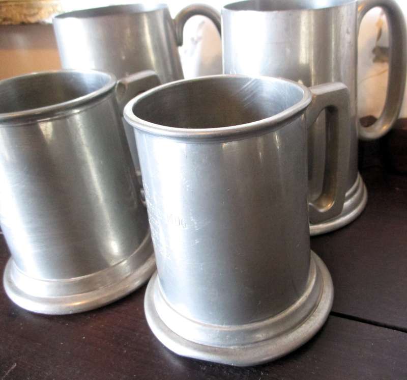 Lot of four Vintage Pewter `Glass Bottom` Tankards. All Engraved, as per photo. 2 Large, 2 smaller.