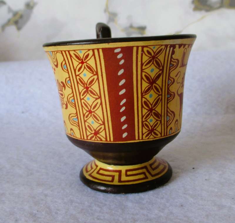 Vintage Ceramic GREEK METHOLOGY Coffee Tea CUP. Marked HERAKLIUM Museum 1350B.C. Hand made, signed.