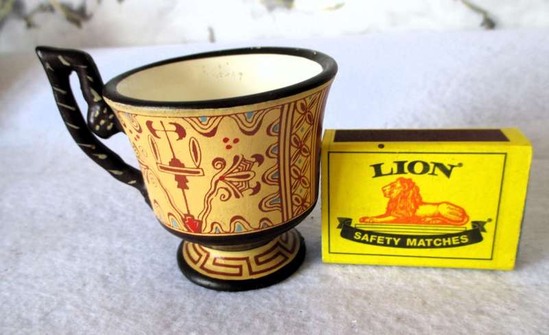 Vintage Ceramic GREEK METHOLOGY Coffee Tea CUP. Marked HERAKLIUM Museum 1350B.C. Hand made, signed.