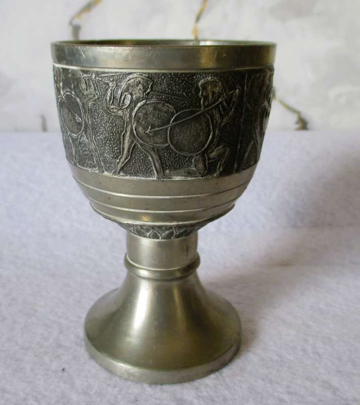 Vintage Pewter Goblet -Ancient Hunting Scenes - Markings under in stem. 100mm high.