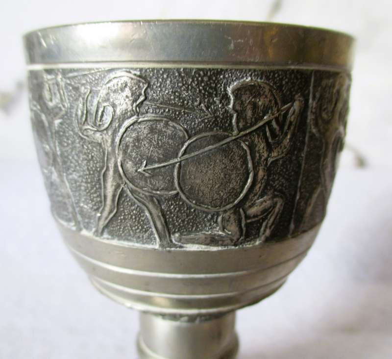 Vintage Pewter Goblet -Ancient Hunting Scenes - Markings under in stem. 100mm high.