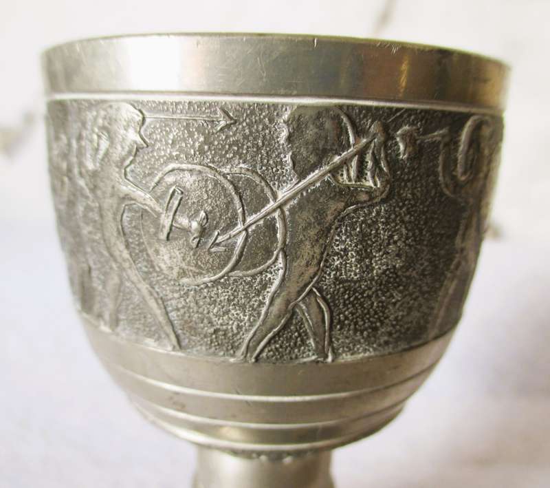 Vintage Pewter Goblet -Ancient Hunting Scenes - Markings under in stem. 100mm high.