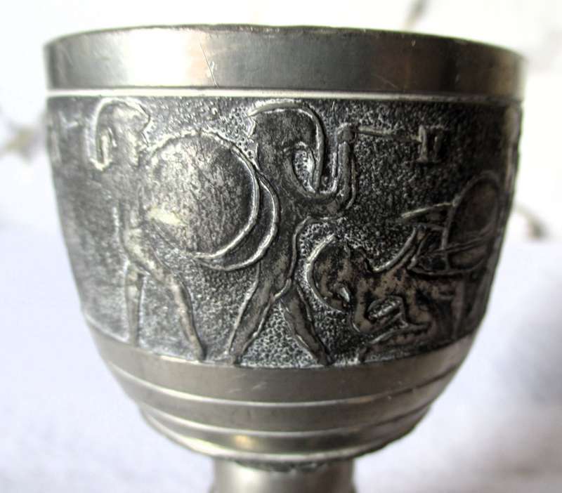 Vintage Pewter Goblet -Ancient Hunting Scenes - Markings under in stem. 100mm high.
