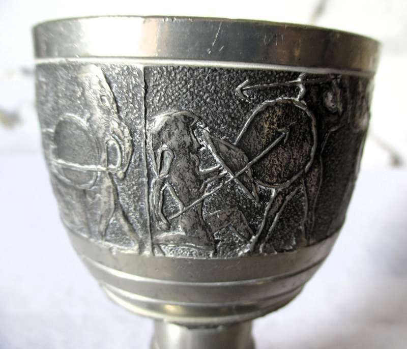 Vintage Pewter Goblet -Ancient Hunting Scenes - Markings under in stem. 100mm high.