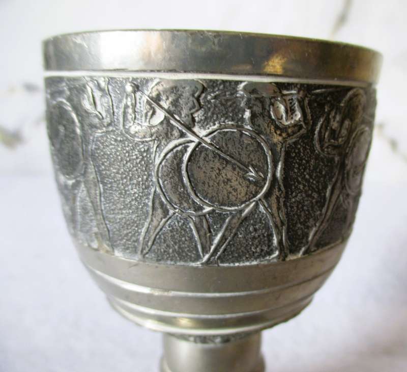 Vintage Pewter Goblet -Ancient Hunting Scenes - Markings under in stem. 100mm high.