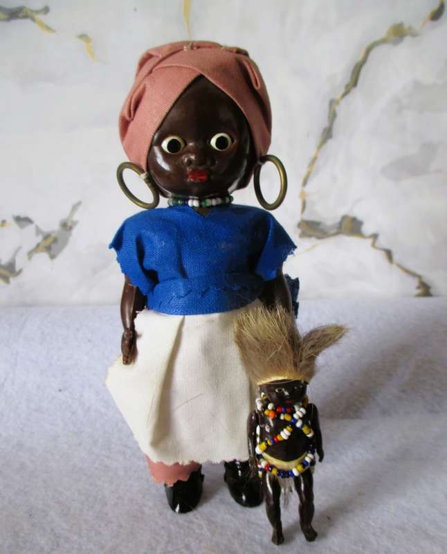 Vintage Traditional Black African Hard Plastic Doll with baby. Eyes open/close. Collectable. 165 mm