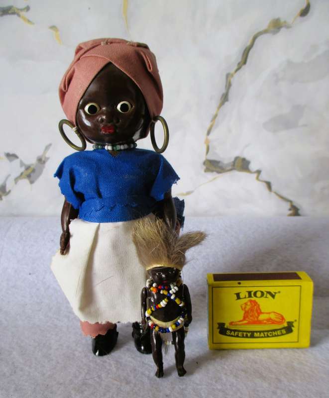 Vintage Traditional Black African Hard Plastic Doll with baby. Eyes open/close. Collectable. 165 mm