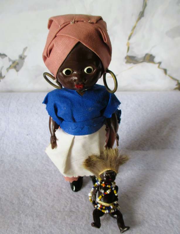 Vintage Traditional Black African Hard Plastic Doll with baby. Eyes open/close. Collectable. 165 mm