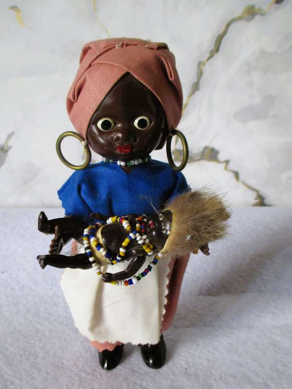 Vintage Traditional Black African Hard Plastic Doll with baby. Eyes open/close. Collectable. 165 mm