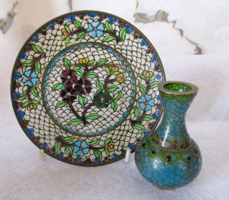 Antique Chinese Plique A`Jour Cloisonne 4` Plate Byzantine-style Stained Glass Transparent .
