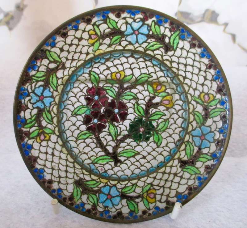Antique Chinese Plique A`Jour Cloisonne 4` Plate Byzantine-style Stained Glass Transparent .