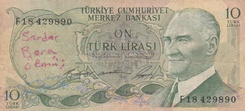 Turkey 10 Lirasi (1971-1982). As per scan.