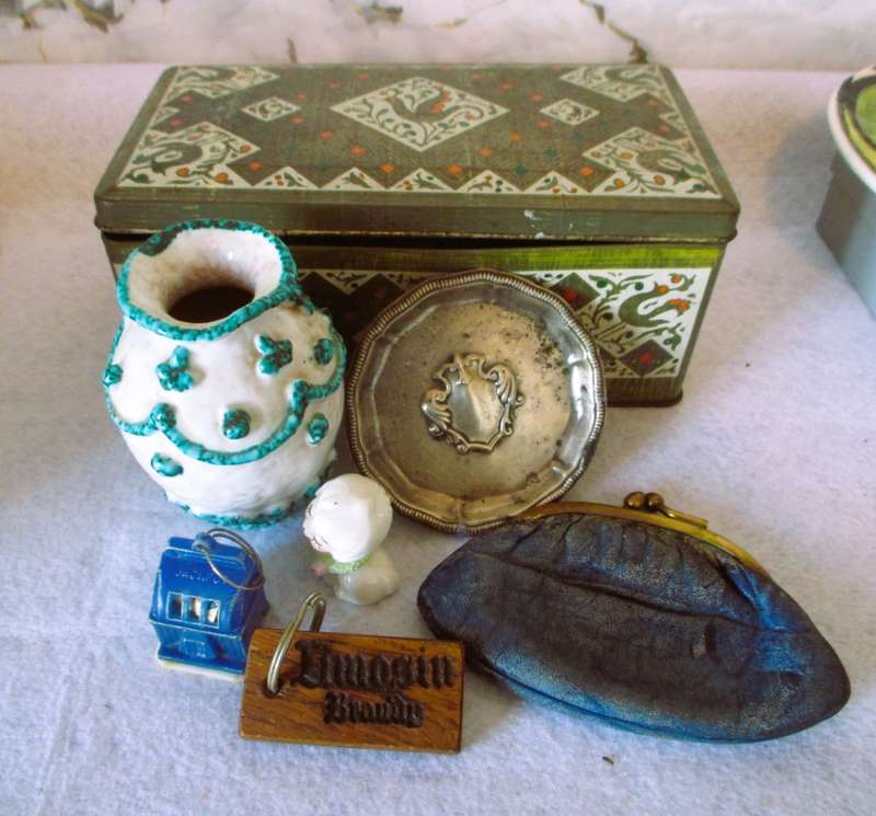 Beautiful Decorated Tin with various miscellanious items. As per photo.