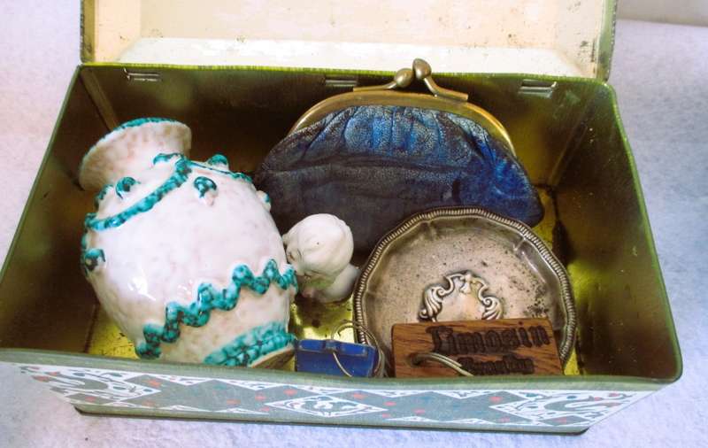 Beautiful Decorated Tin with various miscellanious items. As per photo.