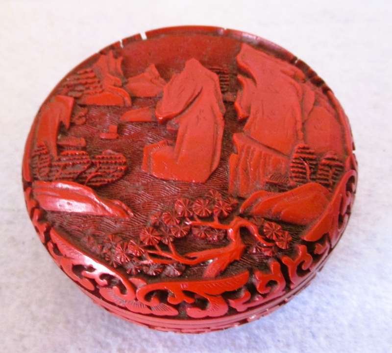 Early 20th Century Chinese Cinnabar Circular jewelry Box. 100mm x 50mm.