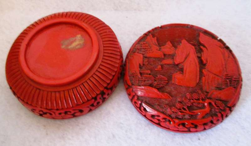 Early 20th Century Chinese Cinnabar Circular jewelry Box. 100mm x 50mm.