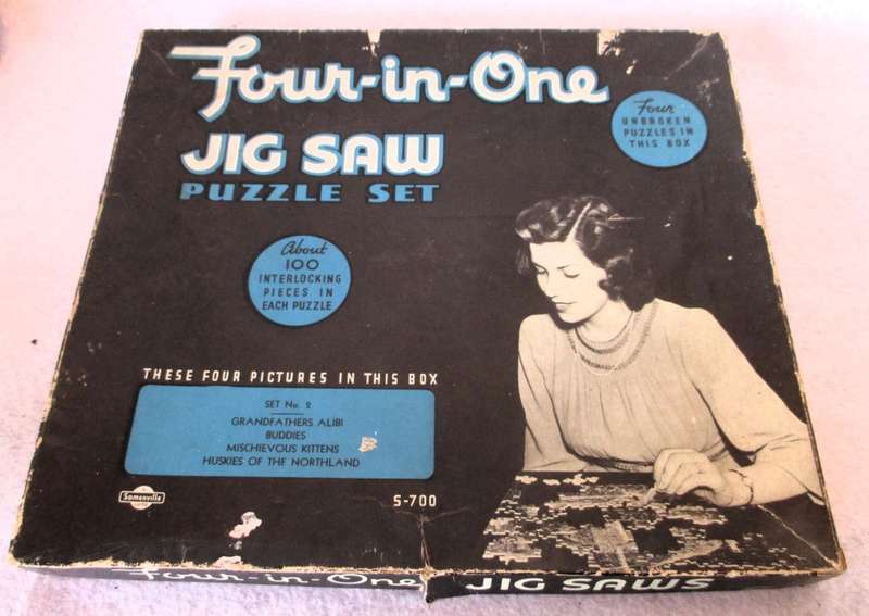 RARE Vintage 1940s 1950s Four-in-One Jigsaw Puzzle Set. Please note 2 pieces missing as per photo.
