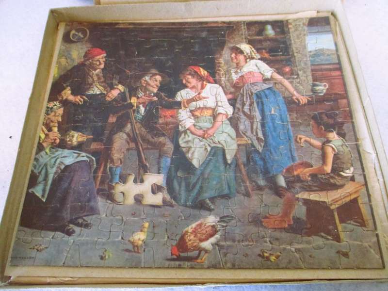RARE Vintage 1940s 1950s Four-in-One Jigsaw Puzzle Set. Please note 2 pieces missing as per photo.