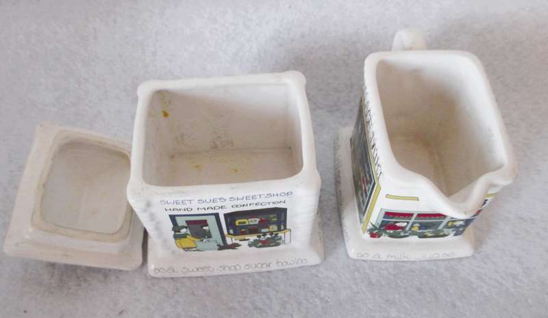 Wade England English Life Sweet Shop Sugar Bowl & Village Dairy Cream Pitcher. See Photo for scale.
