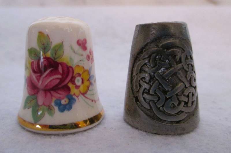 Vintage Pink Rose and Colourful Flowers Mason Porcelain Thimble and Scotish Celtic design thimble.