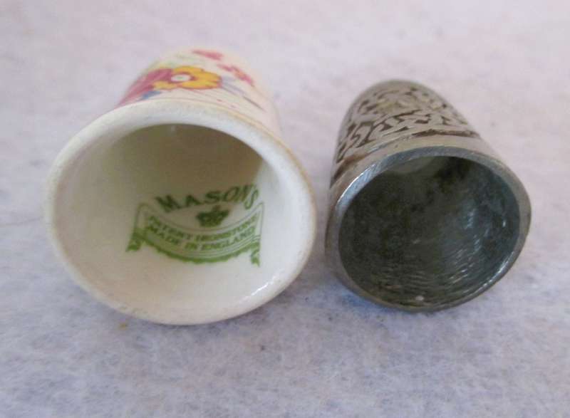 Vintage Pink Rose and Colourful Flowers Mason Porcelain Thimble and Scotish Celtic design thimble.