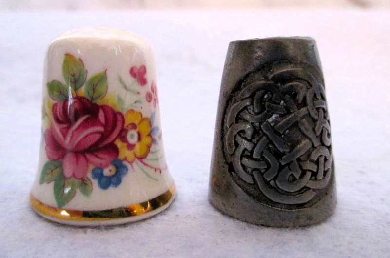 Vintage Pink Rose and Colourful Flowers Mason Porcelain Thimble and Scotish Celtic design thimble.